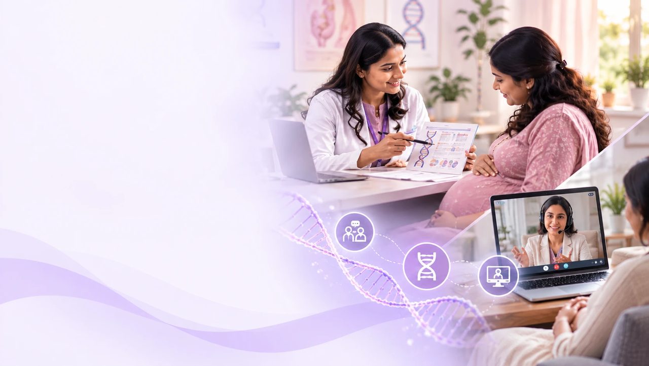 A genetic counsellor explaining a report to a pregnant patient, and a tele-consultation on a laptop