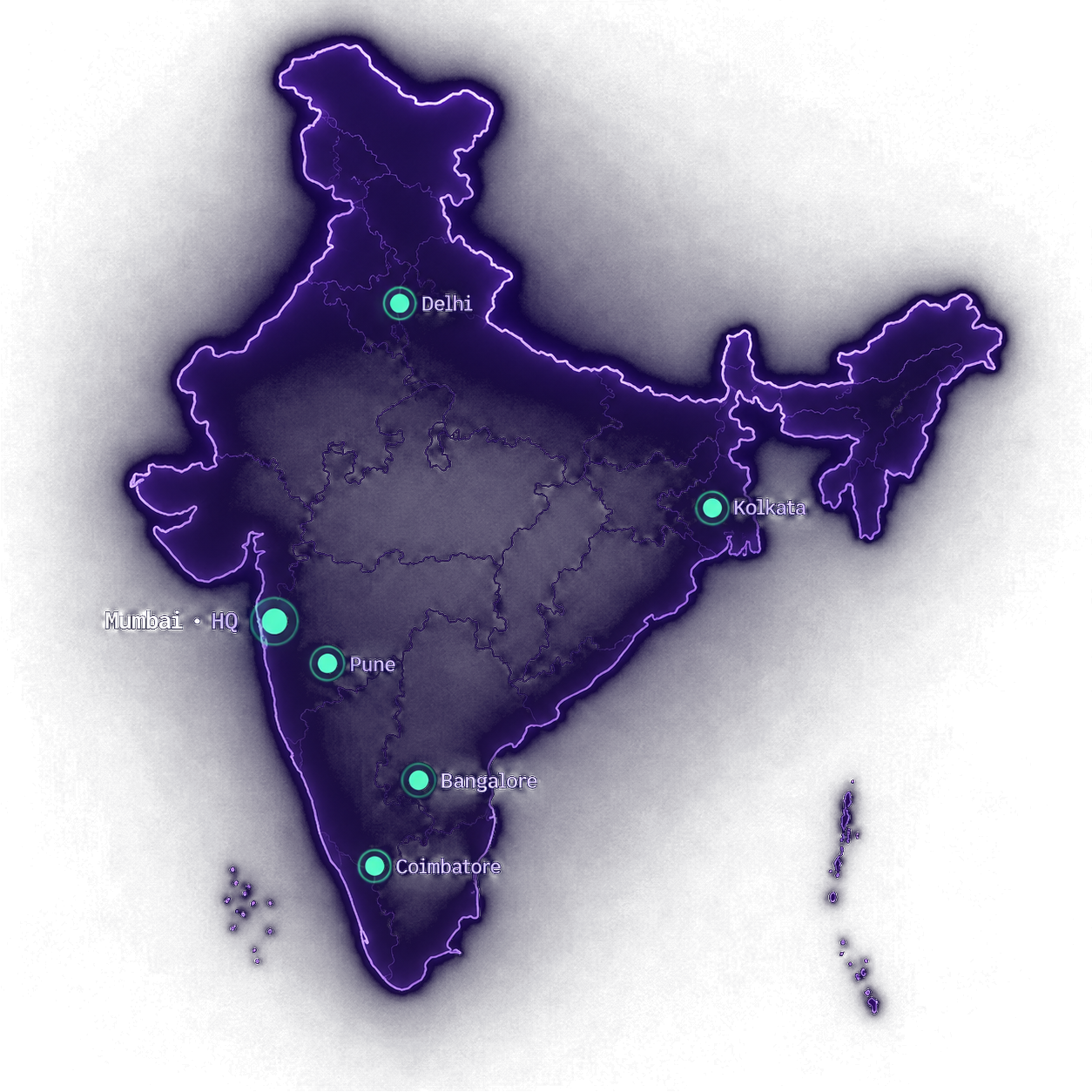 Map of India: main laboratory at Mumbai HQ, satellite labs in Delhi, Indore, Kolkata, Pune, Bangalore and Coimbatore, and a collection network across India