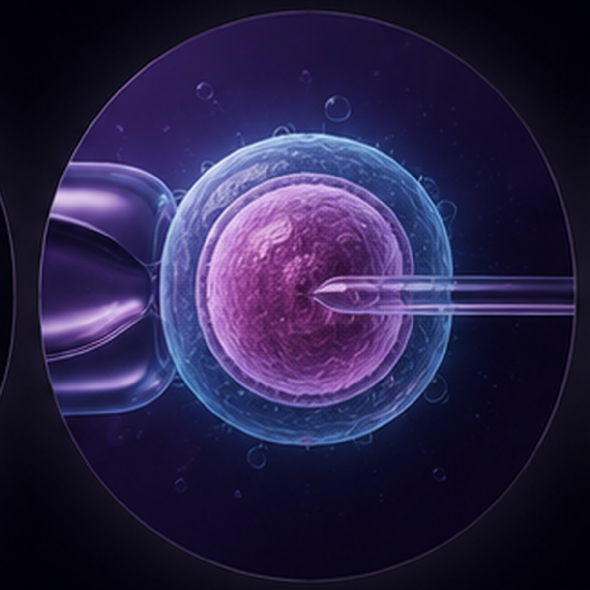 Fertilisation in the lab — micromanipulation pipette fertilising the oocyte