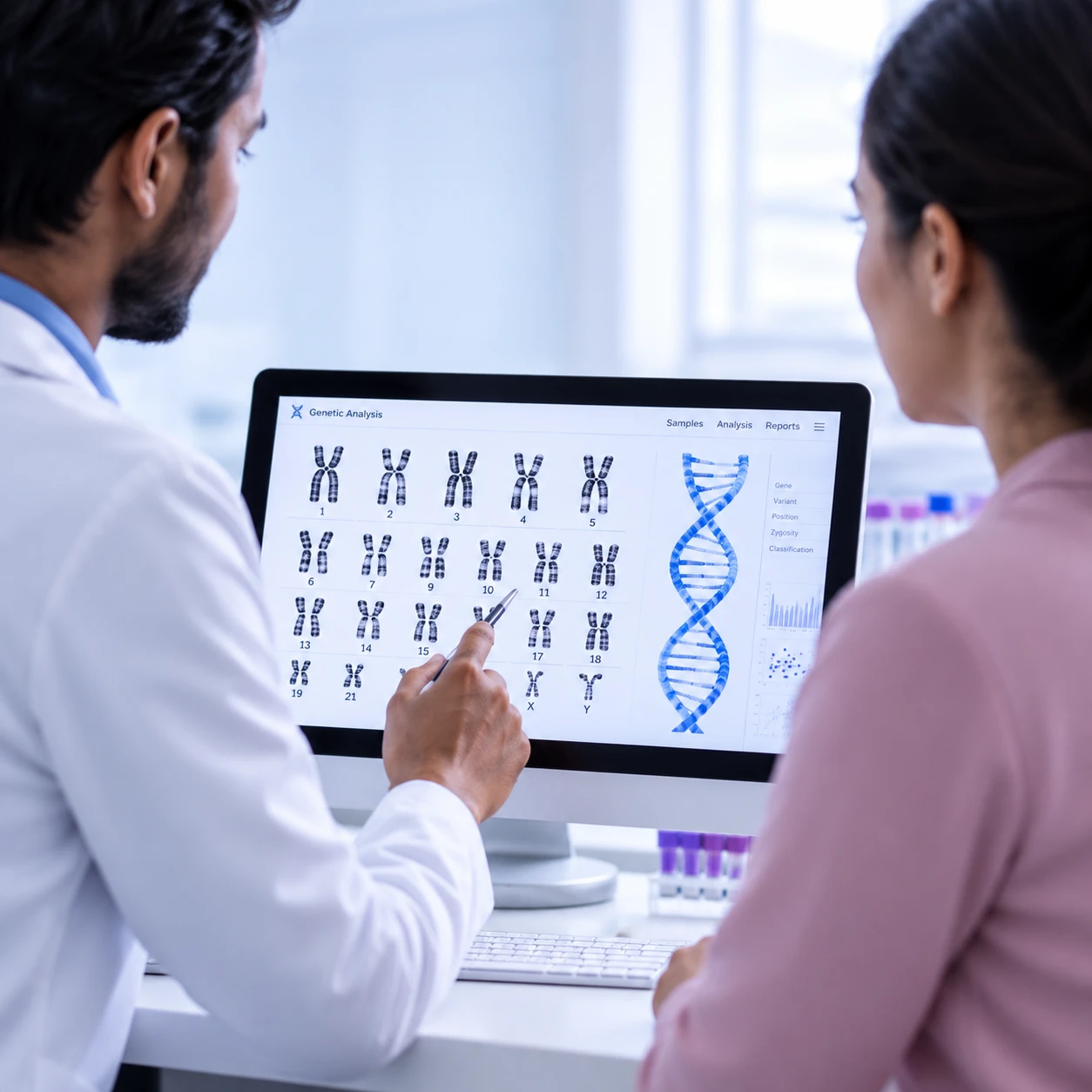 A clinician walking a patient through her chromosome analysis on screen