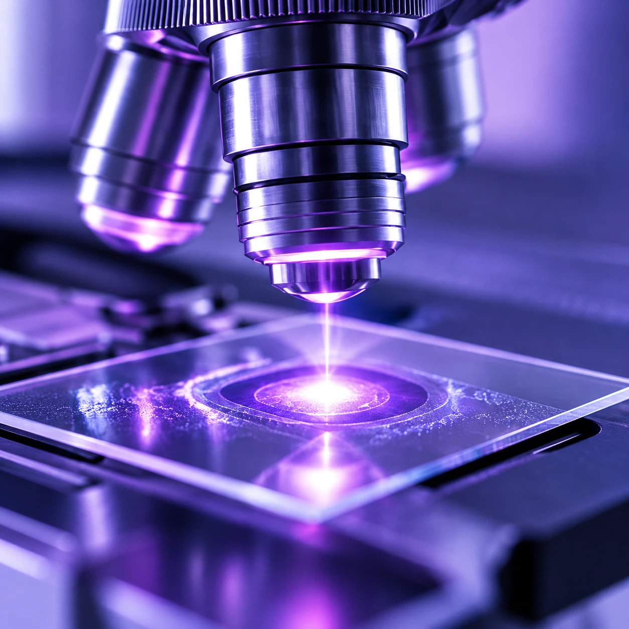 A microscope objective focusing violet light onto a sample slide