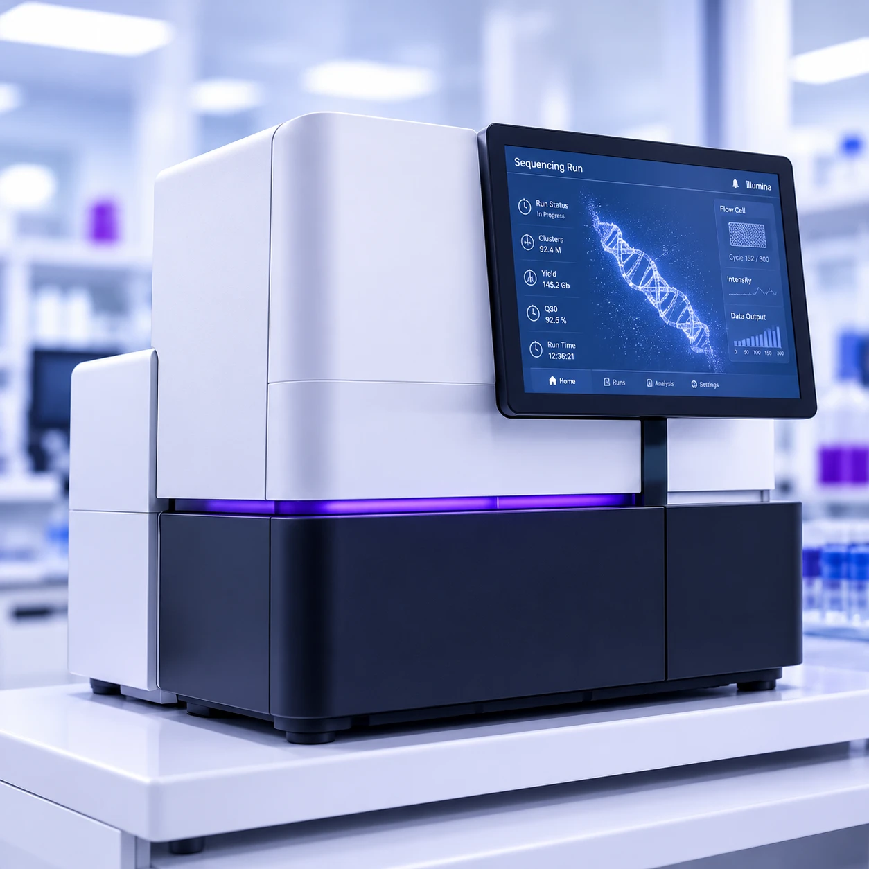 A genetic sequencing instrument showing a run in progress on its screen