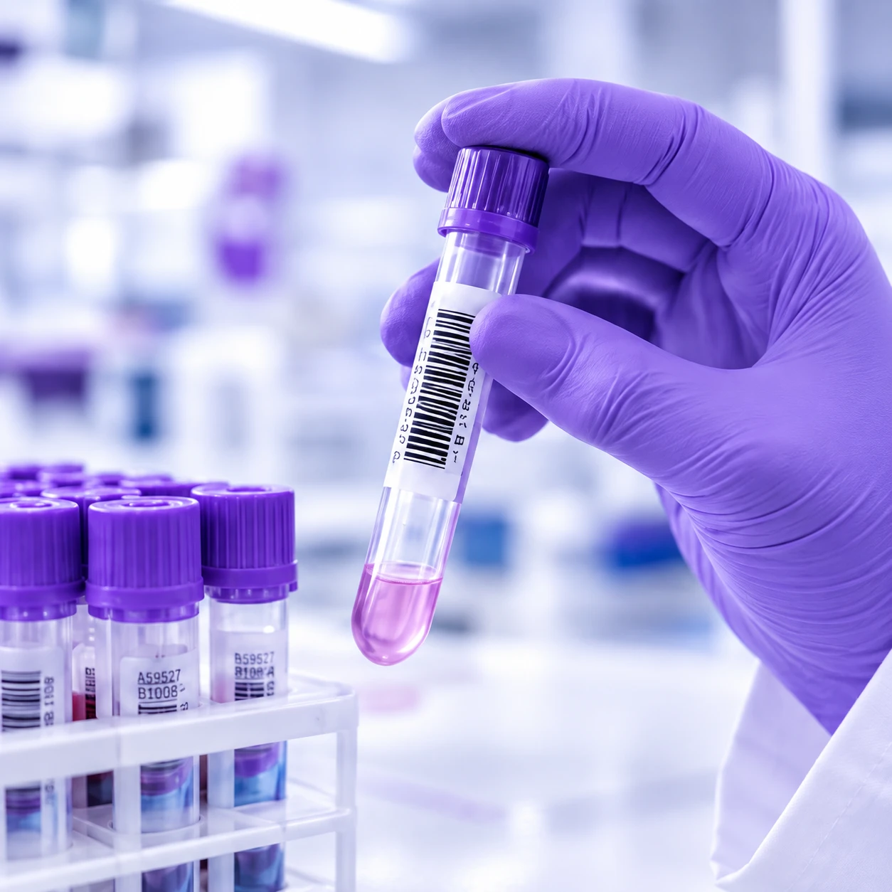 A gloved laboratory professional holding a barcoded specimen tube beside a rack of samples