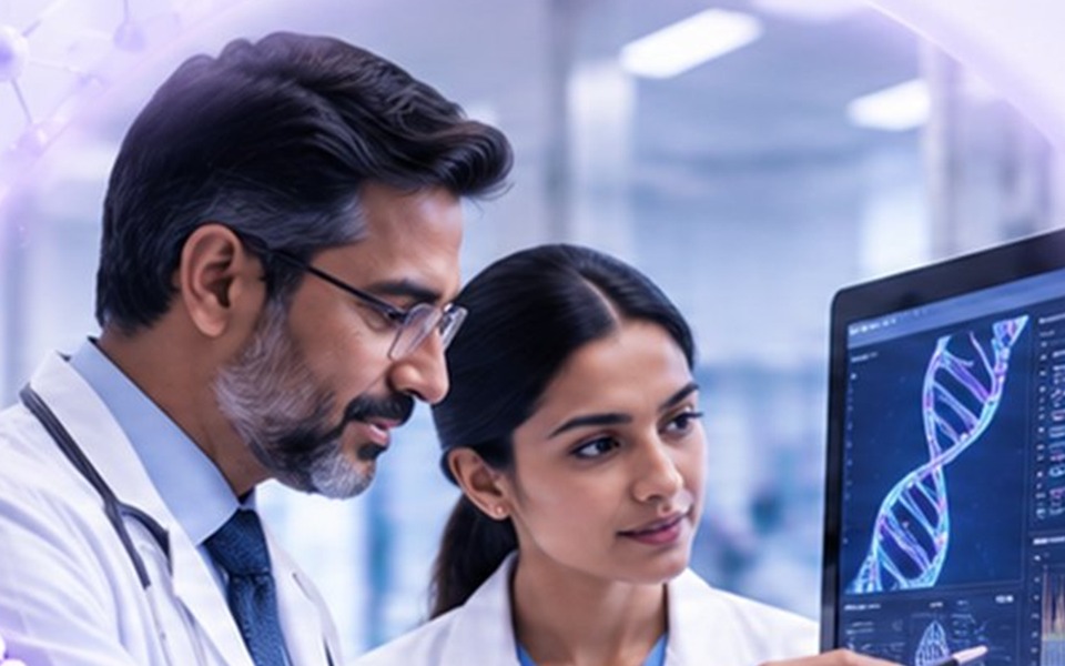 Two clinicians reviewing genomic results on a workstation